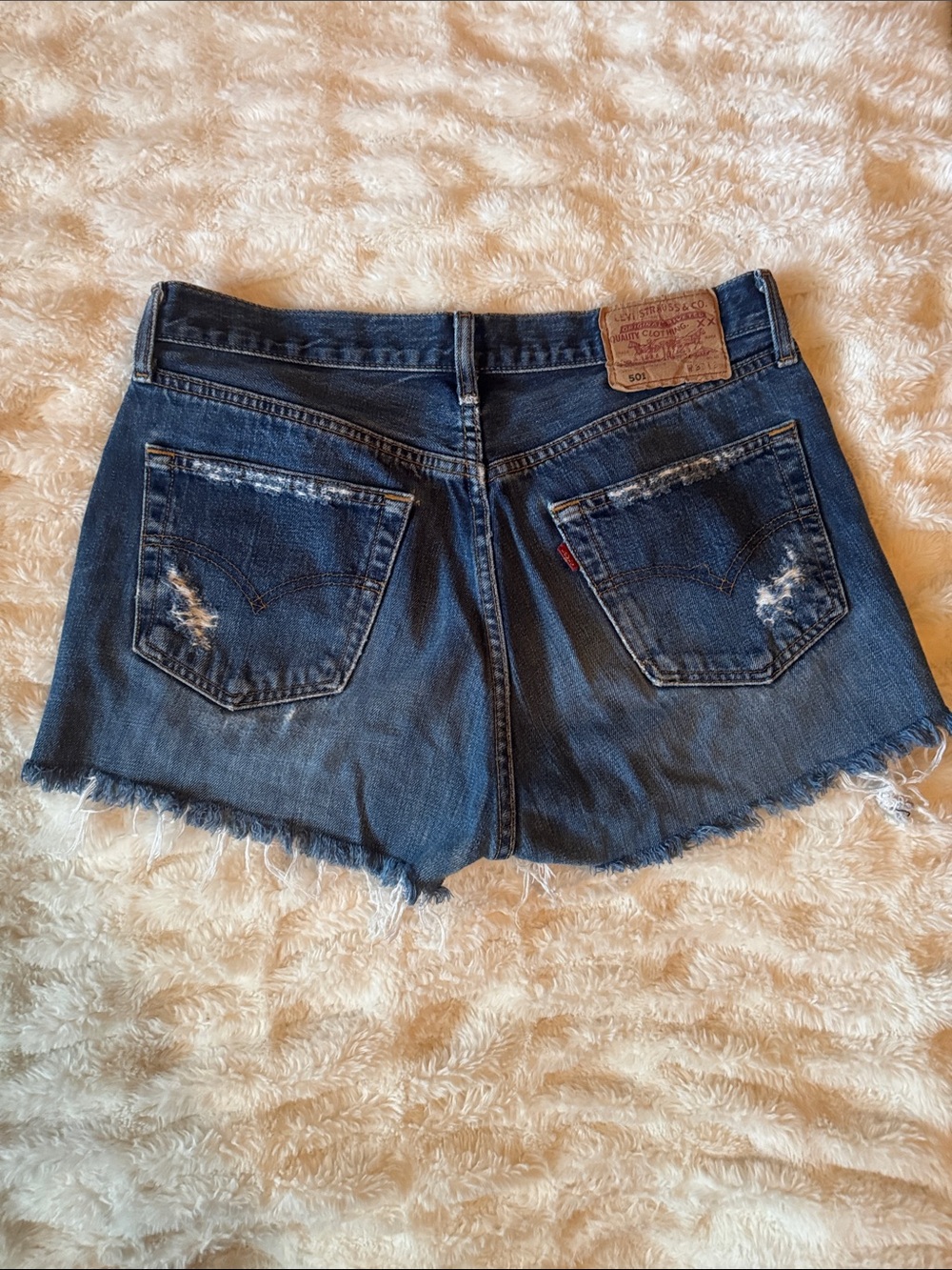 Levi's Dark Blue Distressed Denim Cutoff Shorts - Picture 2 of 4